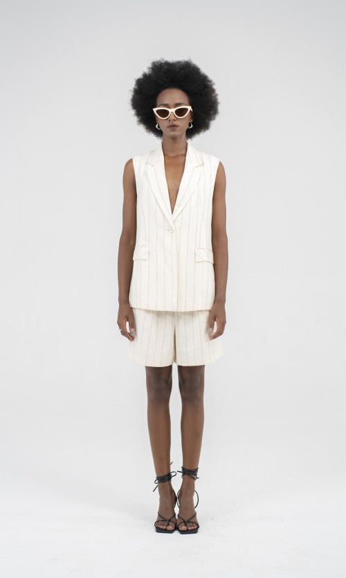 Sixdo SIXDO Beige Stripe Linen Waistcoat